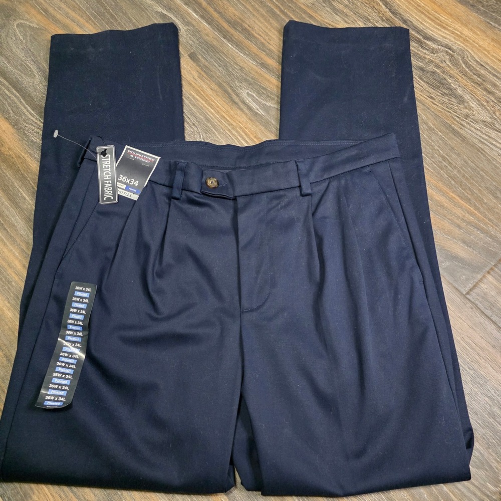 Roundtree &‎ Yorke Mens Navy Blue Pleated Stretch Fabric Dress Pants Size 36x34